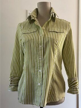 Jones New York Women’s Green Stripe Button Down Shirt Long Sleeve Size SMALL